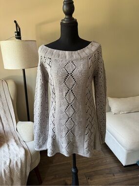 DKNY Light Gray Openwork Off-the-Shoulder Sweater